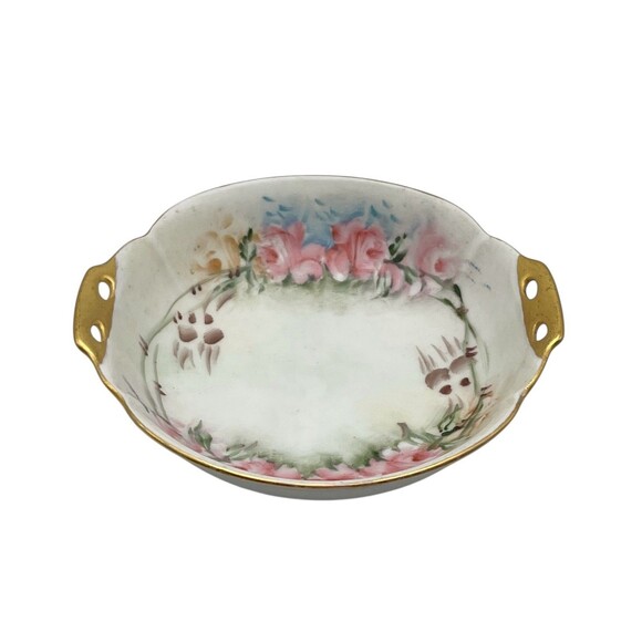Antique Hand Painted Japan 5” Porcelain Dish Pink Roses Gold Trim Handles - Picture 5 of 6